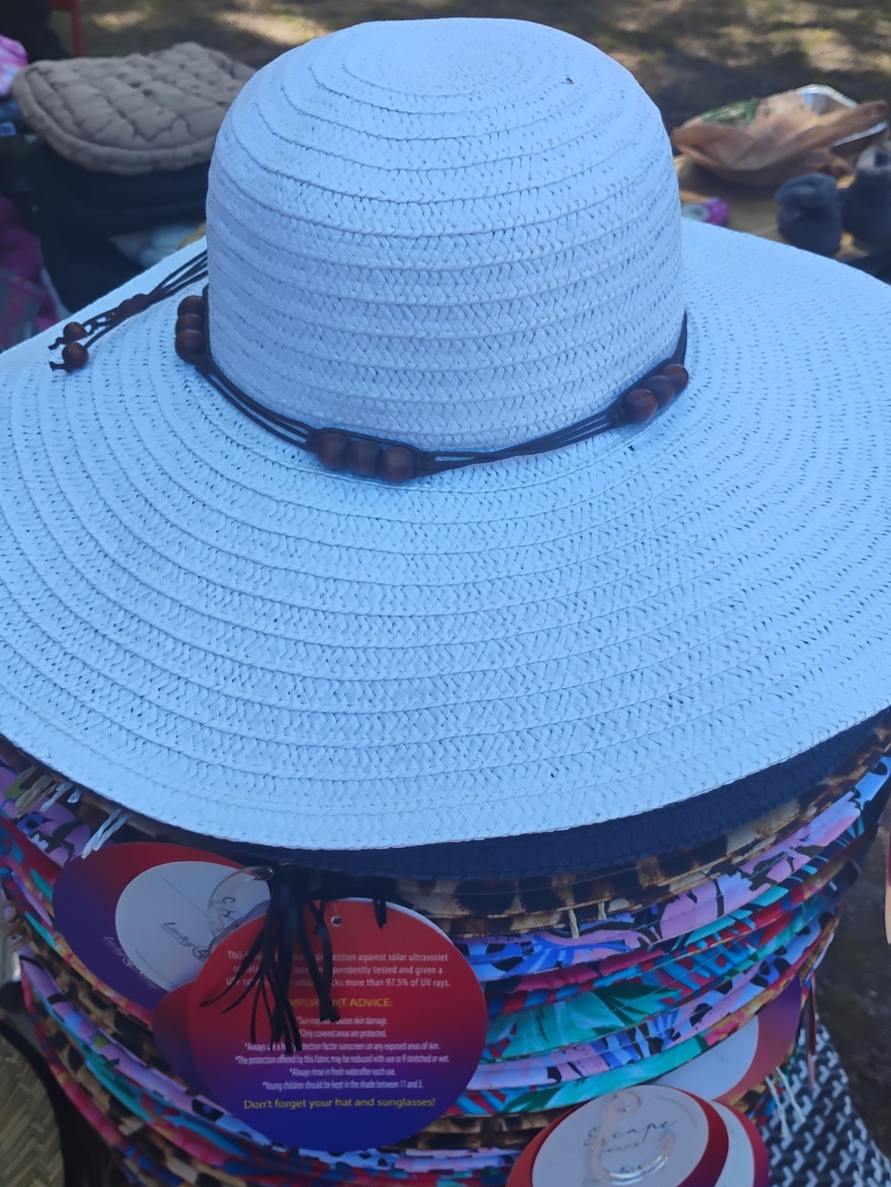 White Wide-Brim Straw Sun Hat with Bead Trim